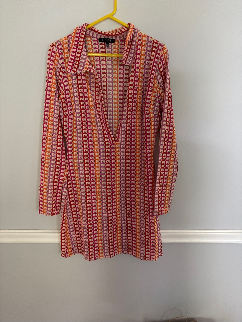 Pink & Red Patterned Long-Sleeve Collared Dress